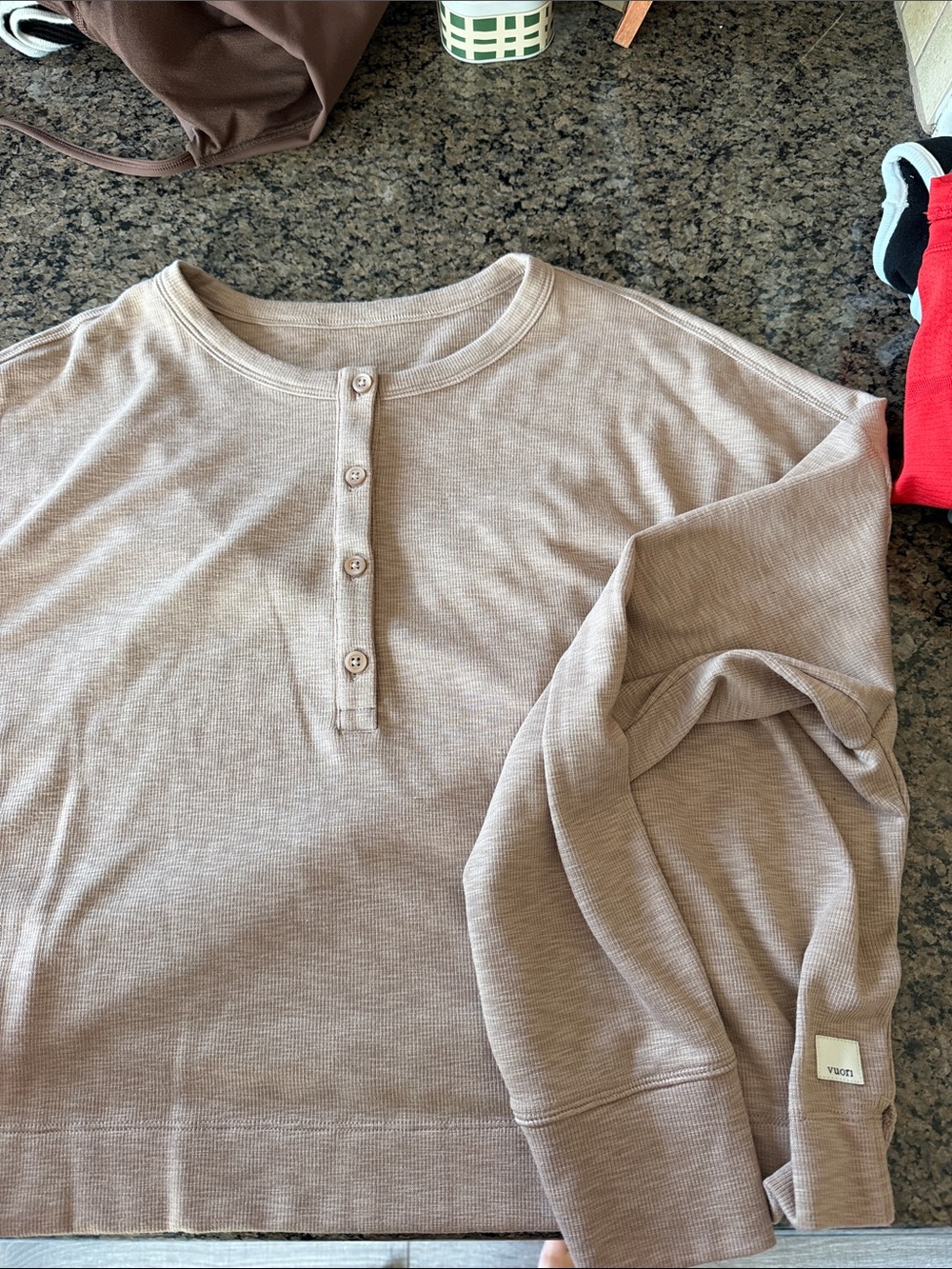 Vuori Long-Sleeve Henley Top in Taupe